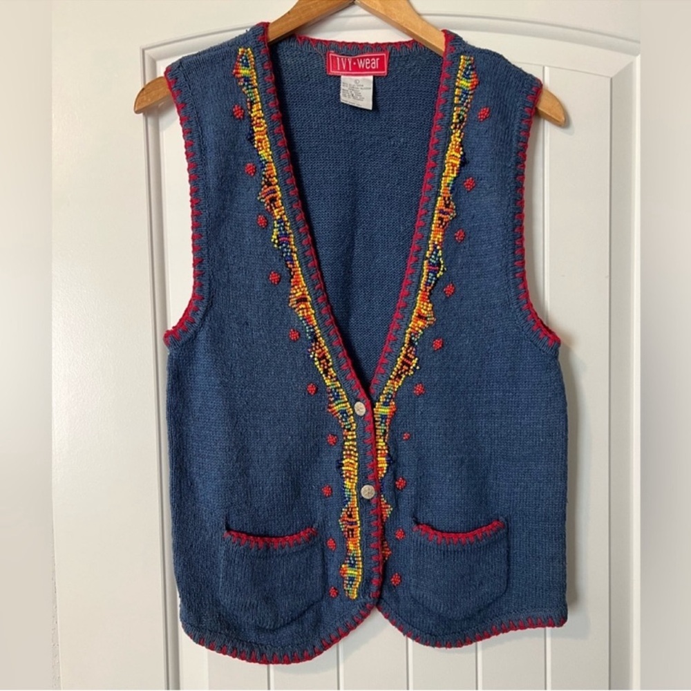 Vintage Beaded Silk Southwestern Western Vest Knit with Embroidered Edge Details